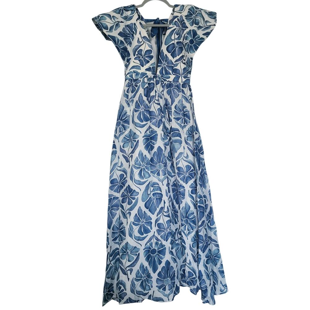 Couper Blue Floral Linen Bemberg Maxi Dress Size Small V-Neck Cutout Back NWT
